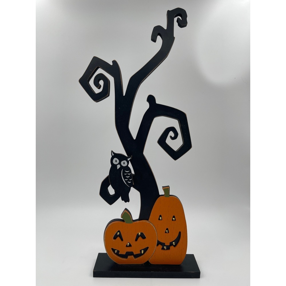 Halloween Light Up Spooky Tree Owl Pumpkin Wood Tabletop Decor 23.5 Inch
